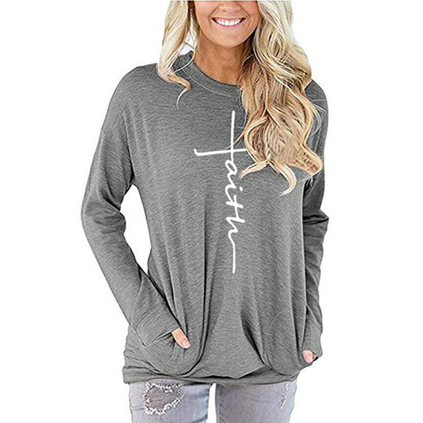 Only Faith Letters printing top easing round neckline long-sleeved casual T-shirt 